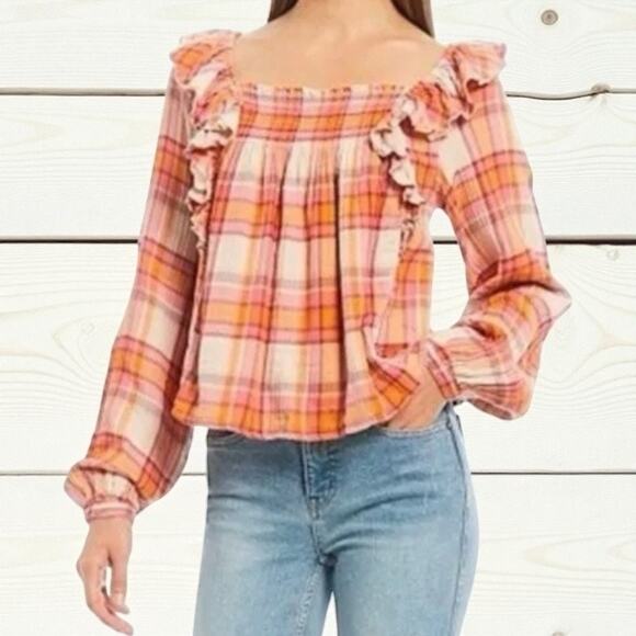Free People Tops - WE THE FREE FREE PEOPLE Siena Plaid Pullover Blouse Sz Small Autumn Cottagecore
